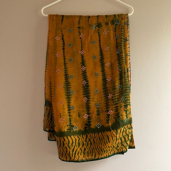 Mustard yellow tie dye Shibori orange and green chiffon saree - Picture 1 of 15